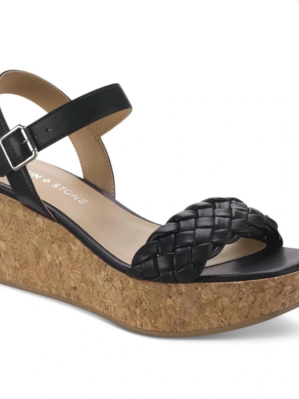 Sun + Stone Black Braided Cork Wedge Sandals